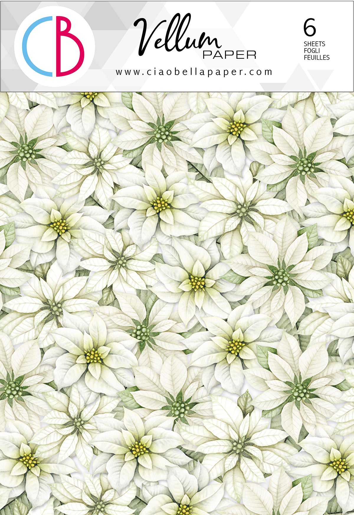 Vellum Paper product cover featuring a dense floral pattern of white poinsettias with green and yellow centers, with the brand logo and text 'Vellum Paper' at the top.