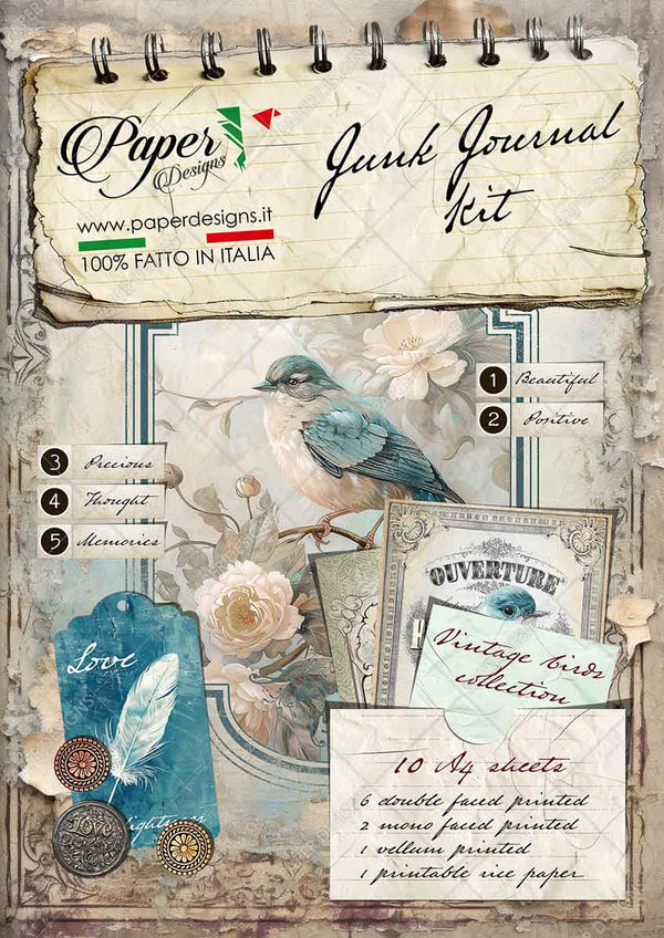 Paper Designs VINTAGE BIRDS Junk Journal Kit 10 A4 Sheets #JJK_001