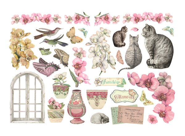 Stamperia ORCHIDS and CATS Adhesive Paper Cut Outs EPHEMERA #DFLCT41