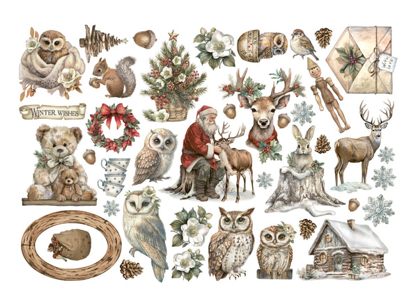 Collection of vintage-style illustrations featuring animals, Santa Claus, and winter elements on a white background.