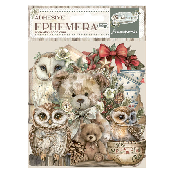Adhesive ephemera sheet with owls, teddy bears, and decorative elements on a white background.