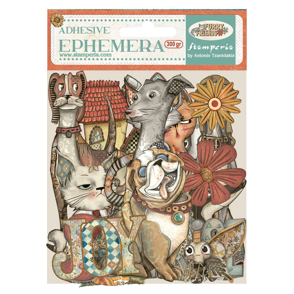 Adhesive ephemera pack with decorative elements and 'JOY' text on a white background