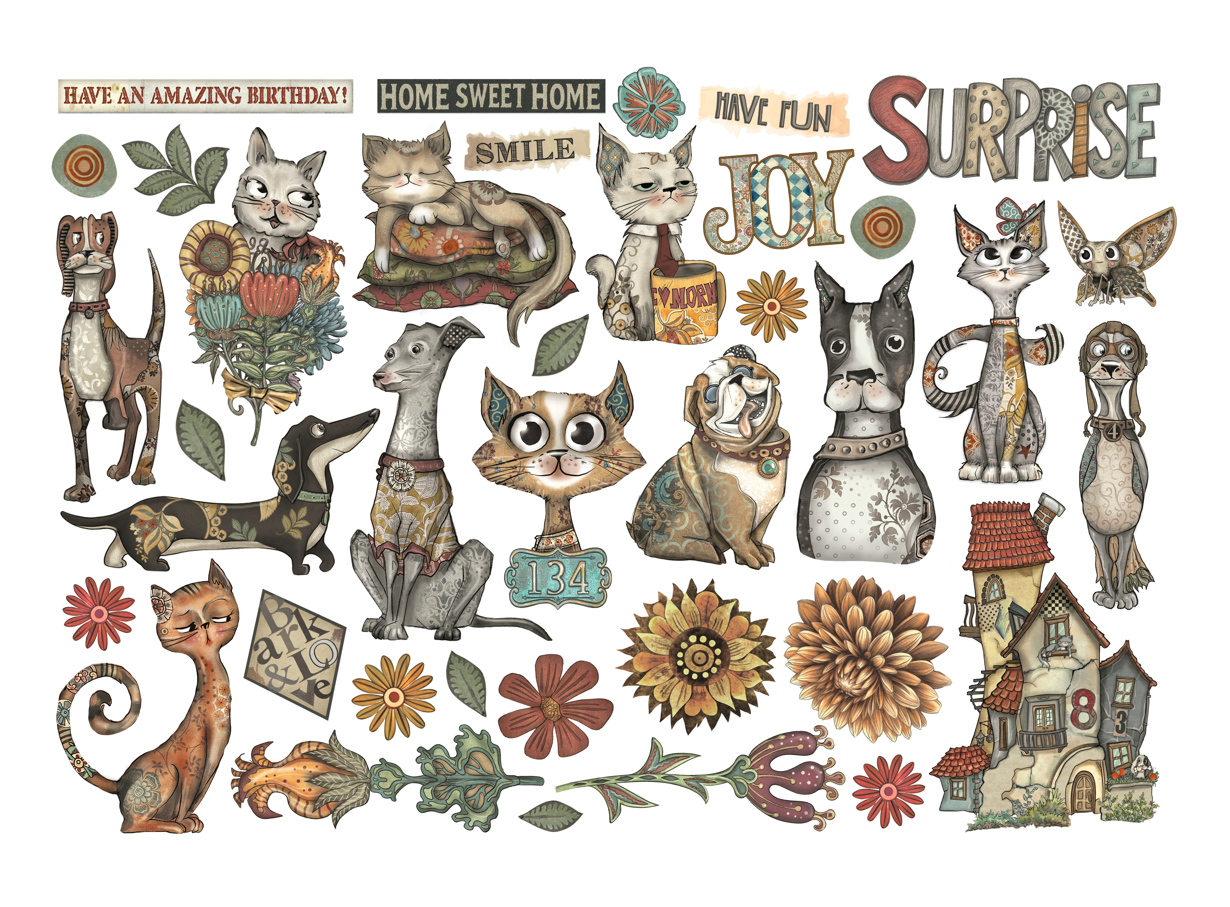 Collection of colorful animal illustrations with text on a white background
