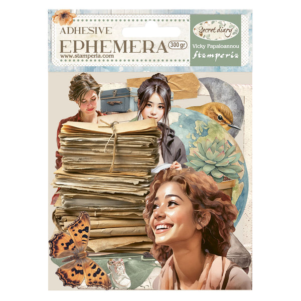 Adhesive ephemera packaging with images of women and nature elements on a white background