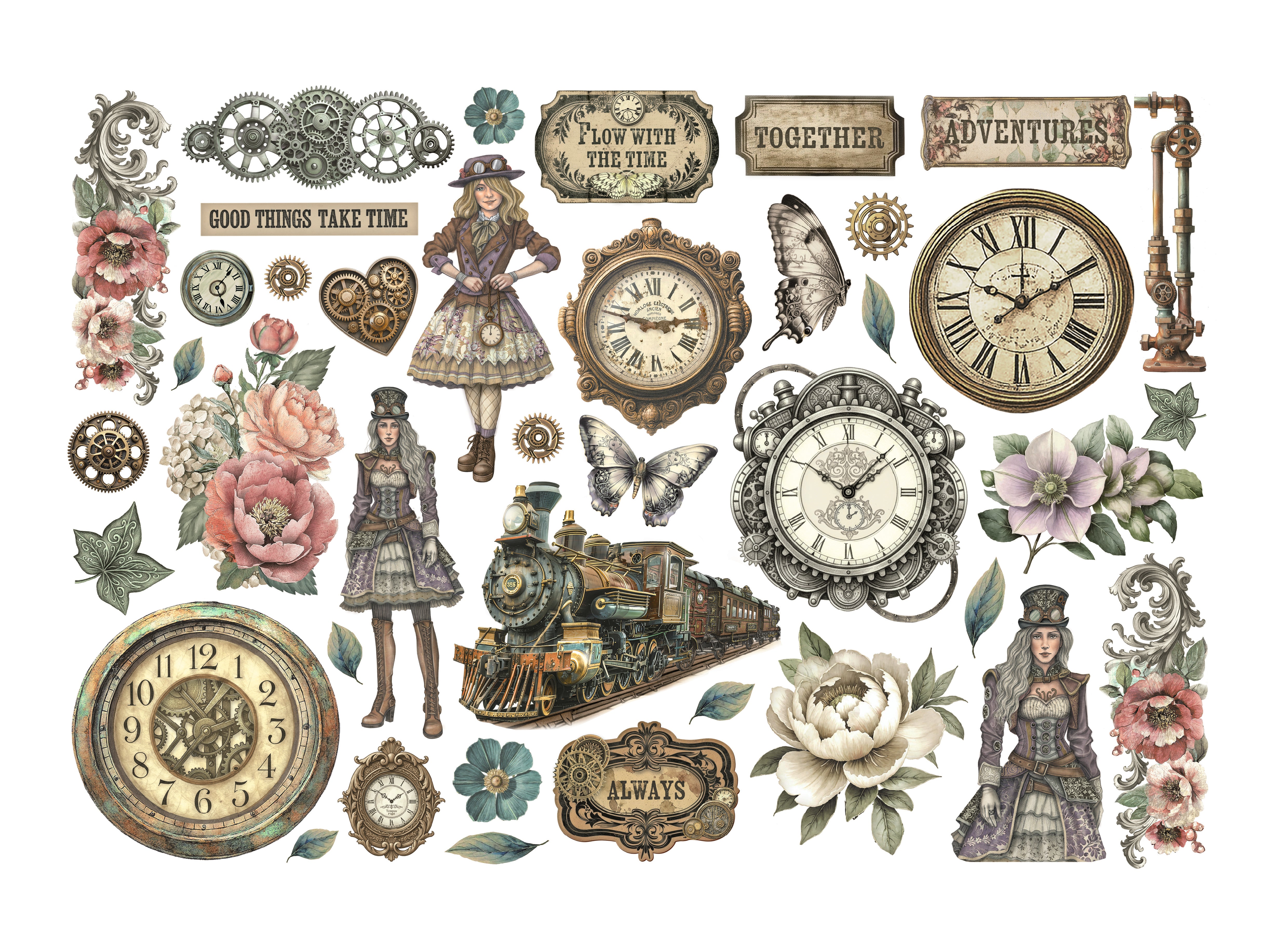 Collection of vintage-style decorative elements including clocks, flowers, and steam locomotives on a white background.