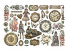 Collection of vintage-style decorative elements including clocks, flowers, and steam locomotives on a white background.