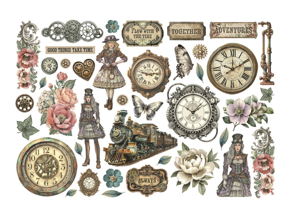 Collection of vintage-style decorative elements including clocks, flowers, and steam locomotives on a white background.