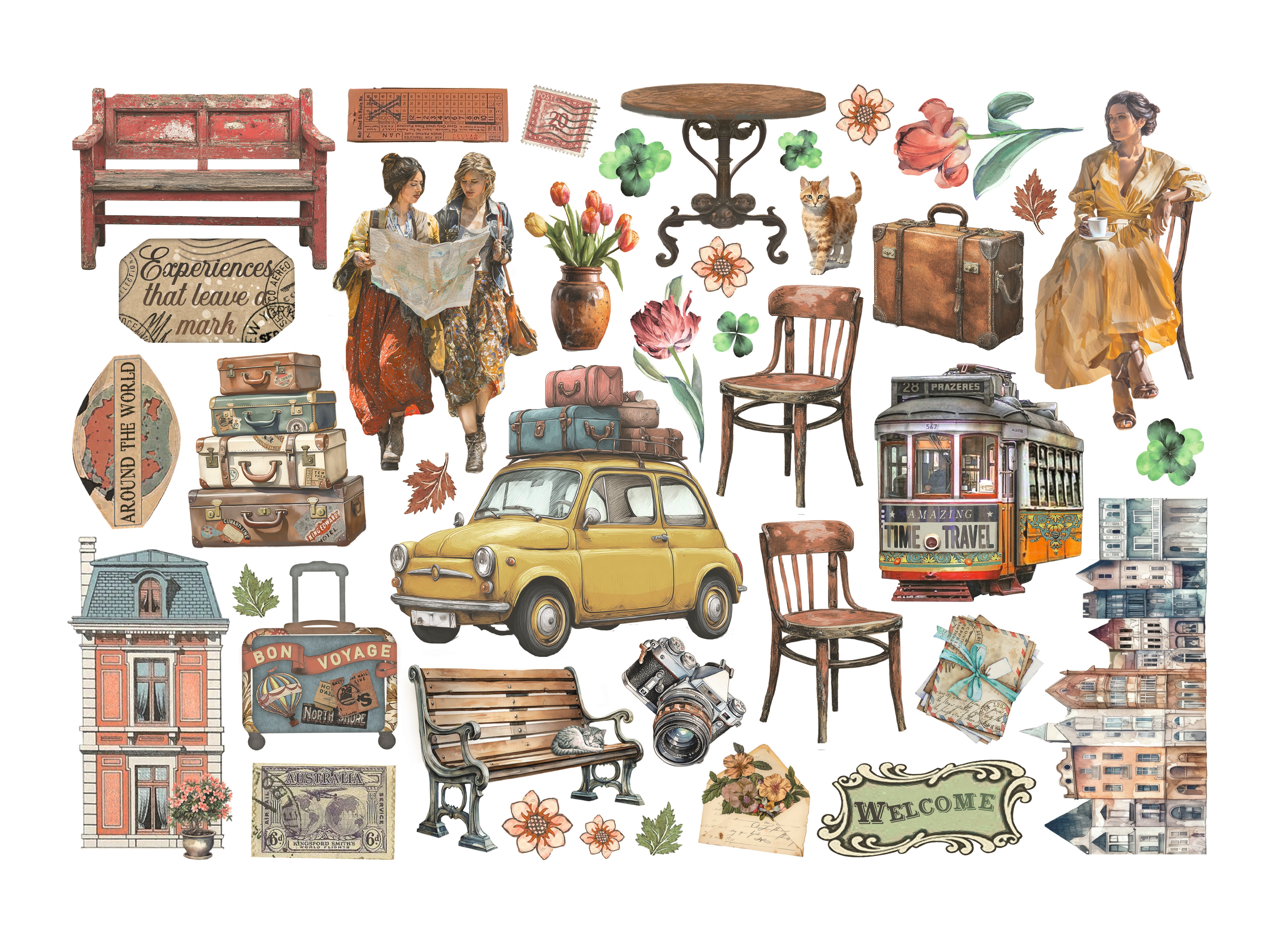 Collection of vintage-style illustrations including a car, suitcases, and buildings on a white background.