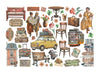 Collection of vintage-style illustrations including a car, suitcases, and buildings on a white background.