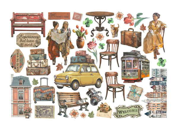 Collection of vintage-style illustrations including a car, suitcases, and buildings on a white background.