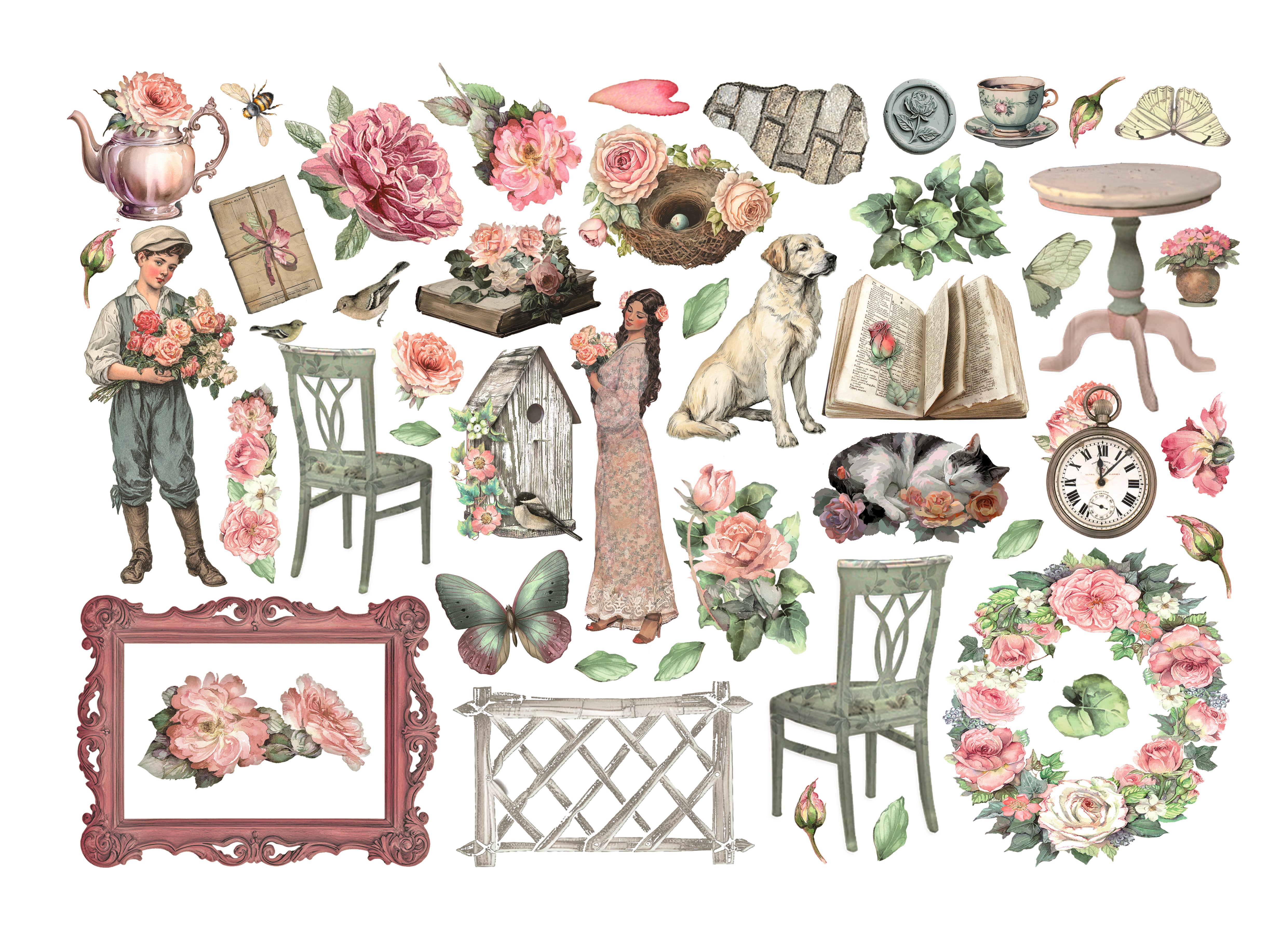 Collection of vintage-style illustrations including flowers, furniture, and decorative elements on a white background.