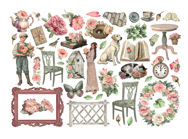 Collection of vintage-style illustrations including flowers, furniture, and decorative elements on a white background.