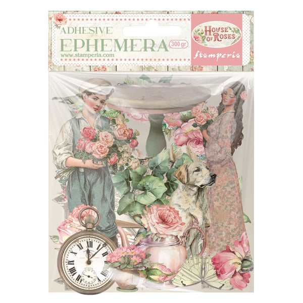Packaging of adhesive ephemera with vintage-style design featuring people, flowers, and a dog.
