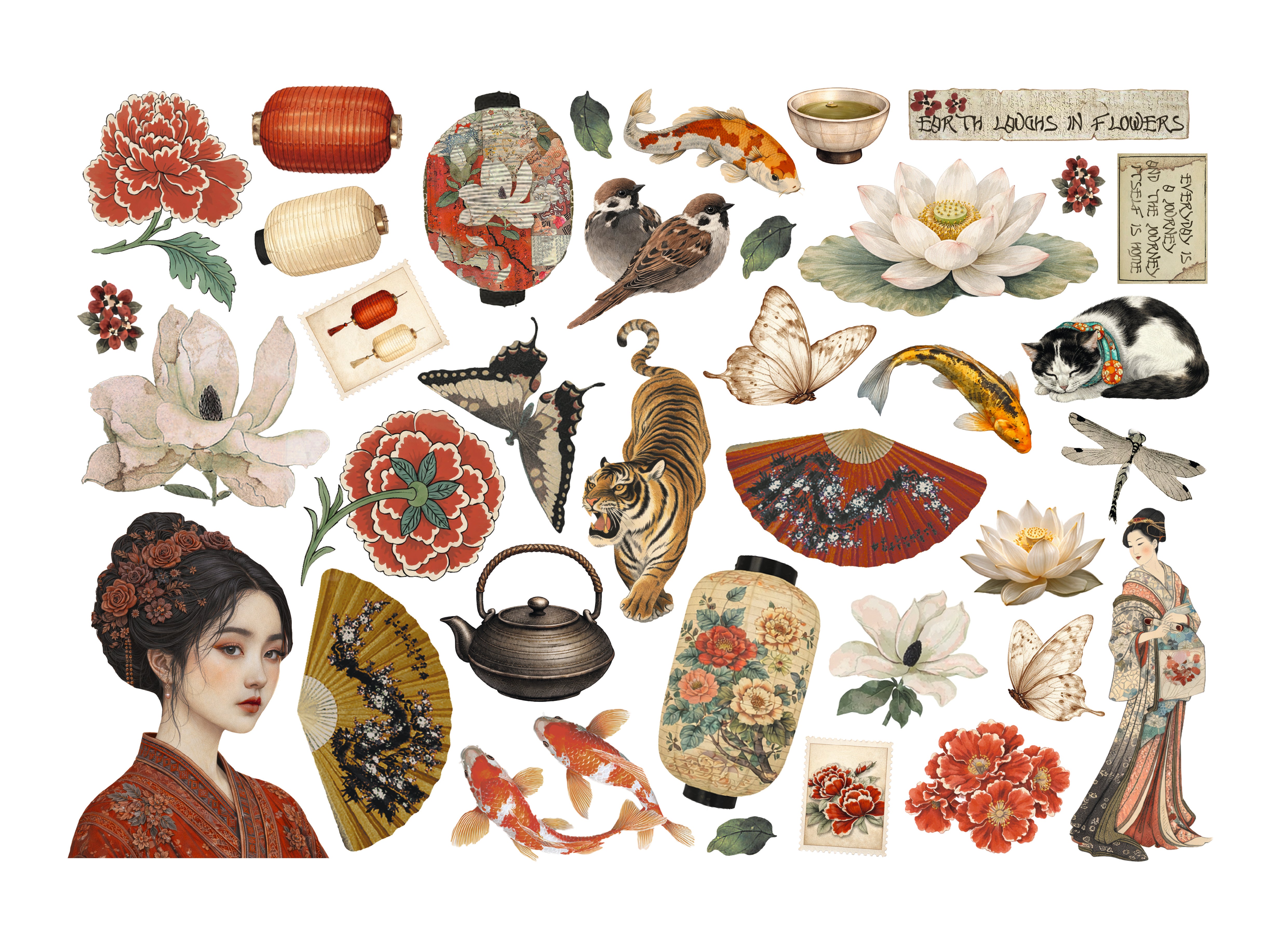 Collage of various Japanese-themed illustrations including flowers, animals, and people on a white background.