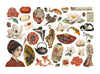 Collage of various Japanese-themed illustrations including flowers, animals, and people on a white background.