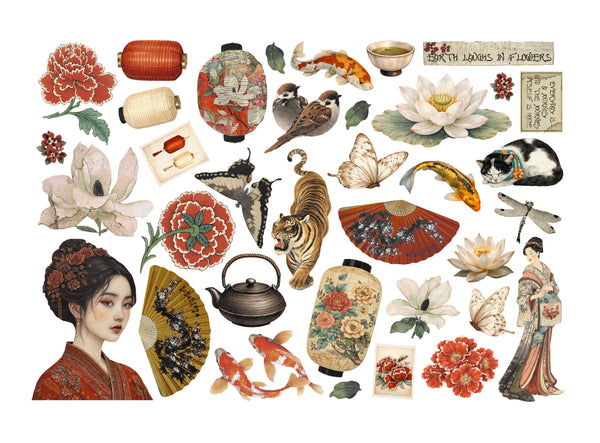 Collage of various Japanese-themed illustrations including flowers, animals, and people on a white background.
