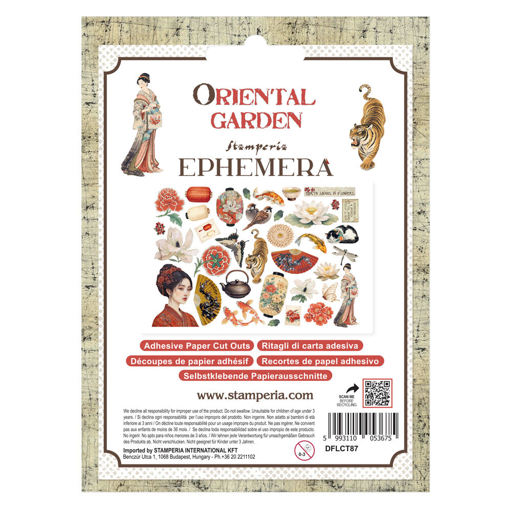 Packaging of Stamperia Oriental Garden Ephemera with illustrations and text.