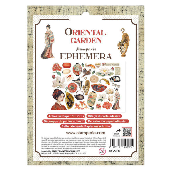 Packaging of Stamperia Oriental Garden Ephemera with illustrations and text.
