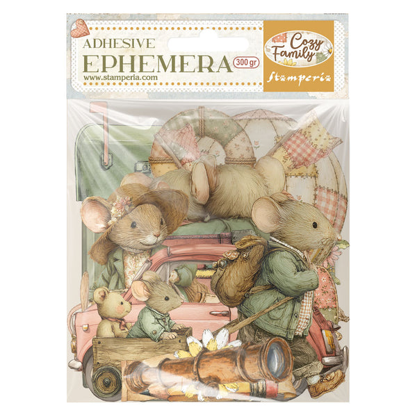 A package of Stamperia 'Adhesive Ephemera' craft paper featuring a whimsical illustration of a family of mice around a pink car, with a telescope, patchwork elements, and autumn-themed details.