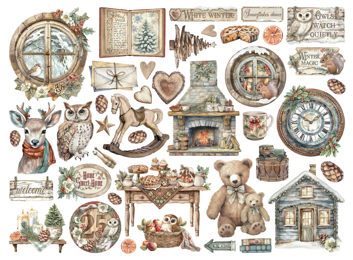Collection of vintage-style DIE CUTS featuring nature, home decor, and animals on a white background.