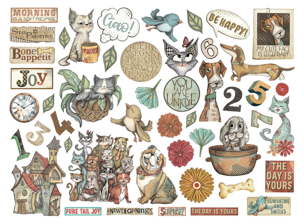 Collection of vintage-style illustrations with animals, text, and decorative elements on a white background.