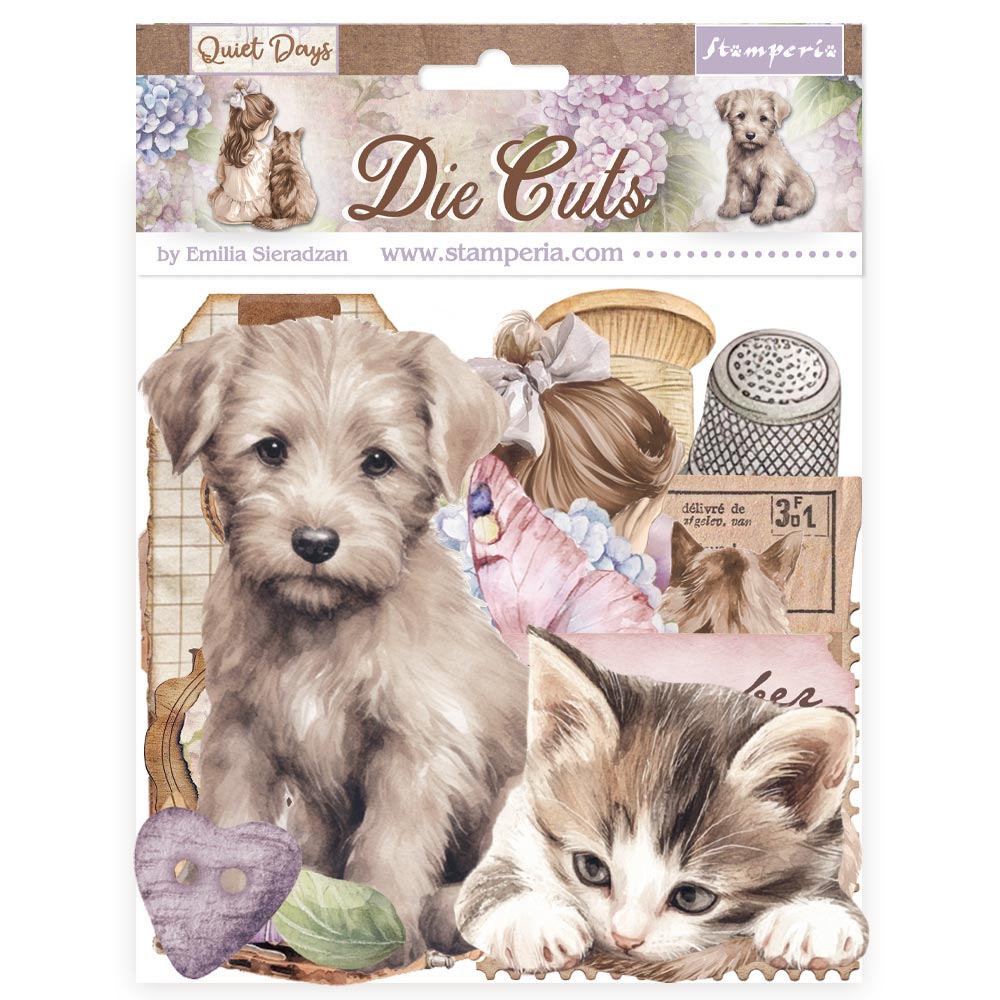 Packaging of STAMPERIA Die Cuts with a puppy and kitten design on a white background.