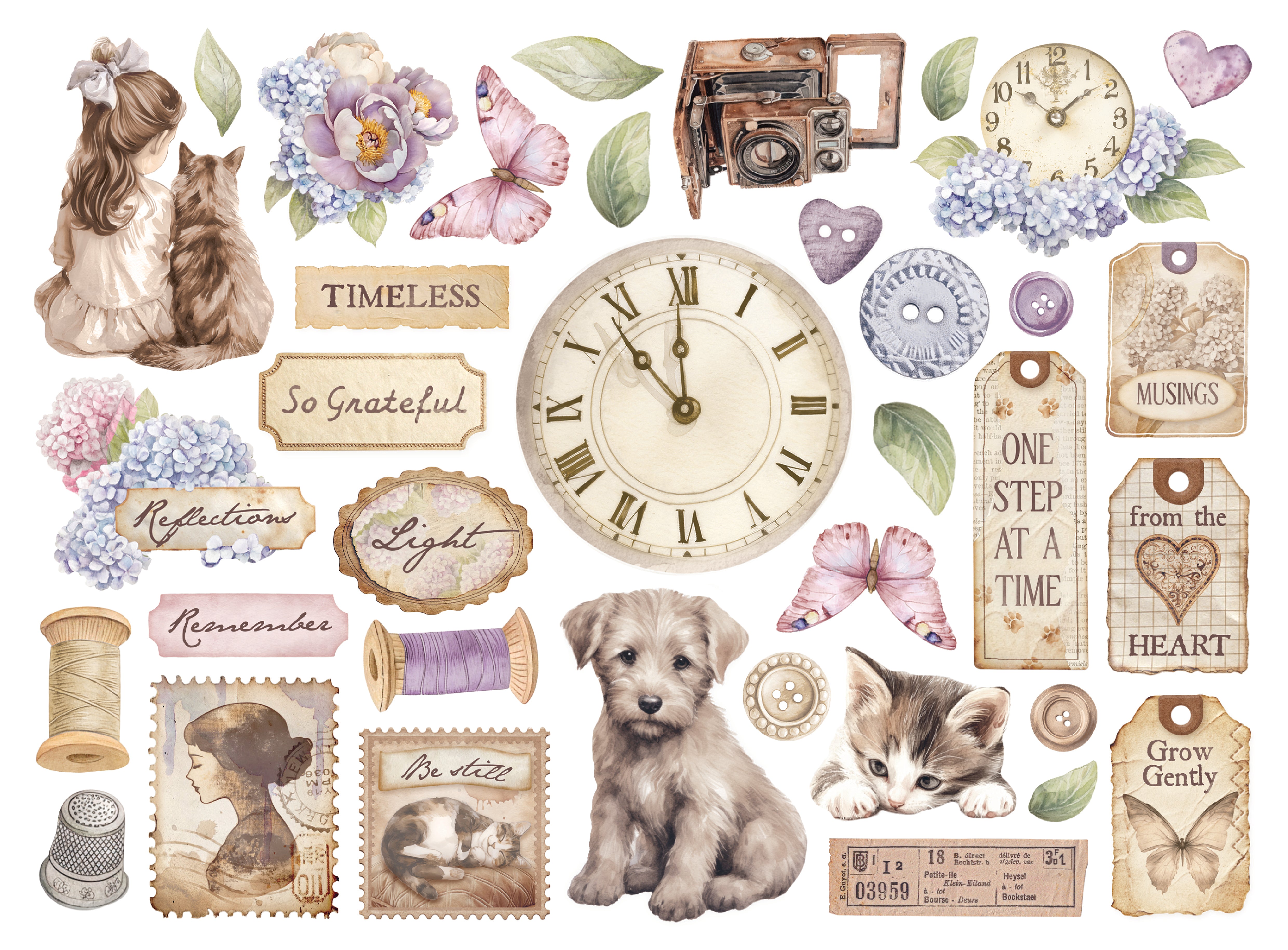 Collection of vintage-style illustrations including a clock, flowers, animals, and text labels on a white background.