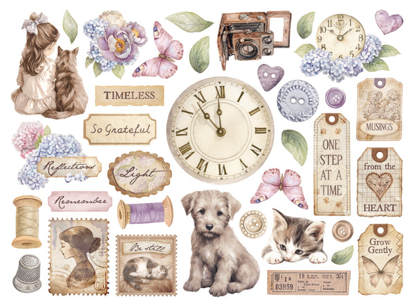 Collection of vintage-style illustrations including a clock, flowers, animals, and text labels on a white background.