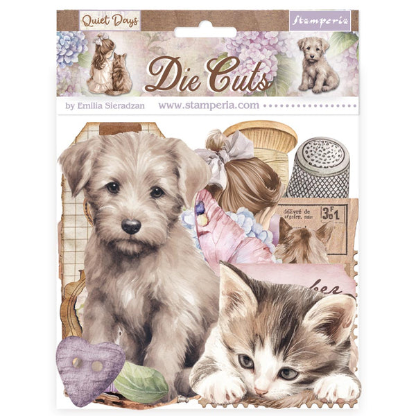 Packaging of STAMPERIA Die Cuts with a puppy and kitten design on a white background.