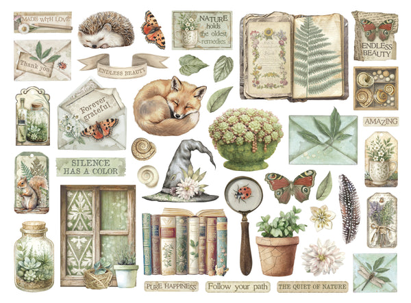 Collection of nature-themed illustrations including animals, plants, and books on a white background.