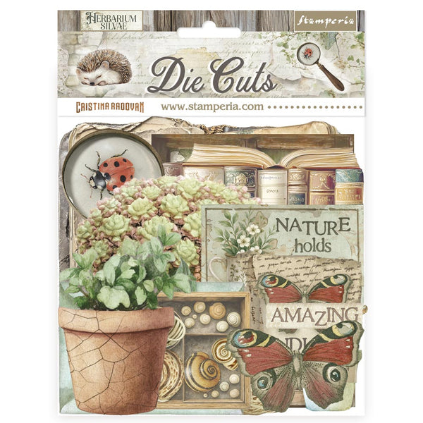 Packaging of Stamperia die cuts with nature-themed designs and text.