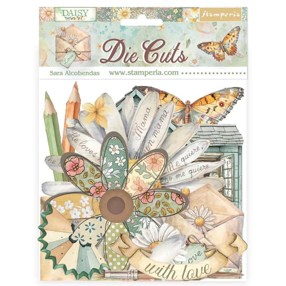 Stamperia Daisy Art die cuts packaging with various decorative elements on a white background.