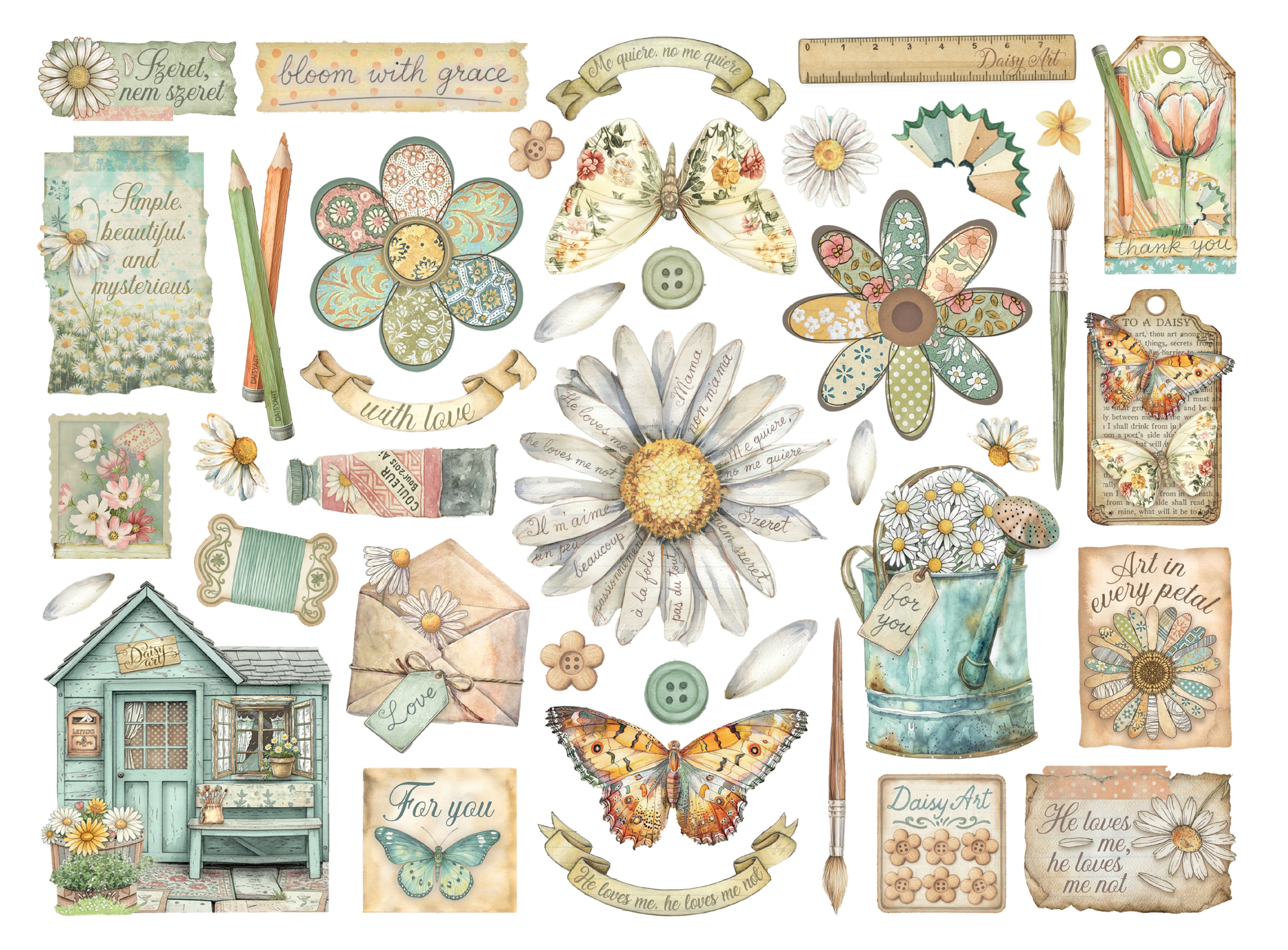 Collection of decorative elements including flowers, butterflies, and small buildings on a white background.