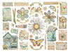 Collection of decorative elements including flowers, butterflies, and small buildings on a white background.