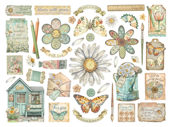 Collection of decorative elements including flowers, butterflies, and small buildings on a white background.