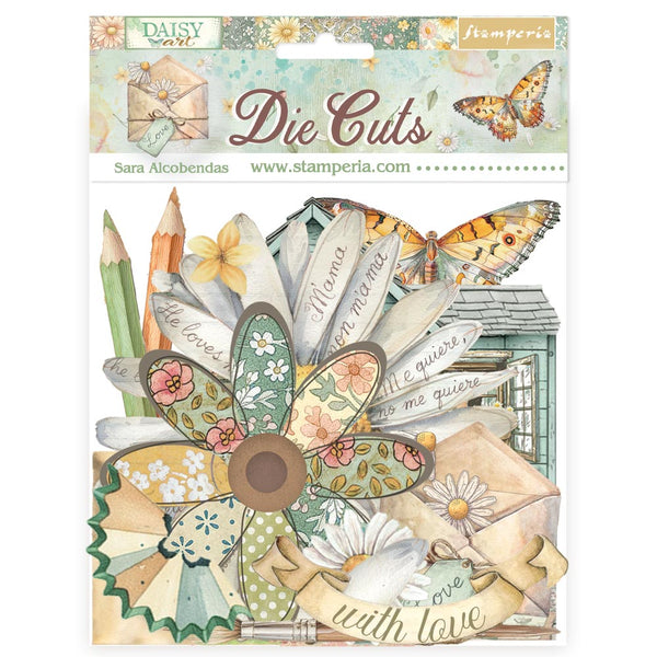 Stamperia Daisy Art die cuts packaging with various decorative elements on a white background.
