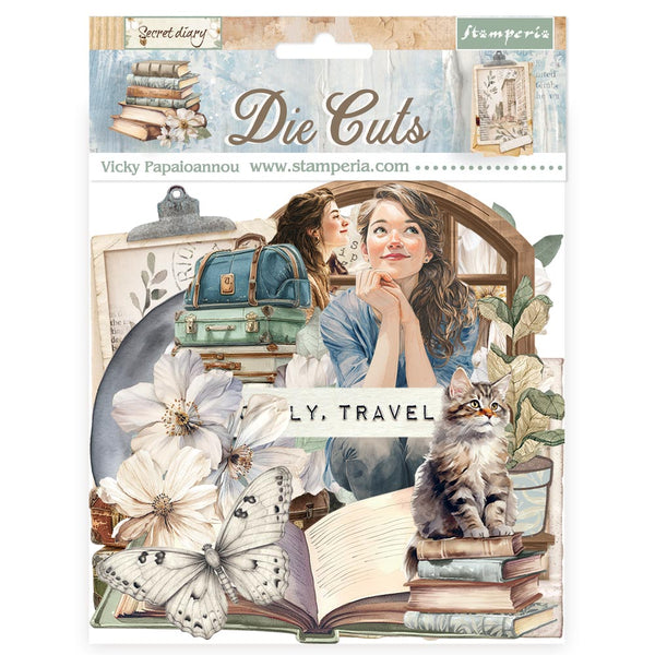 Stamperia die cuts packaging with a woman, cat, and travel theme