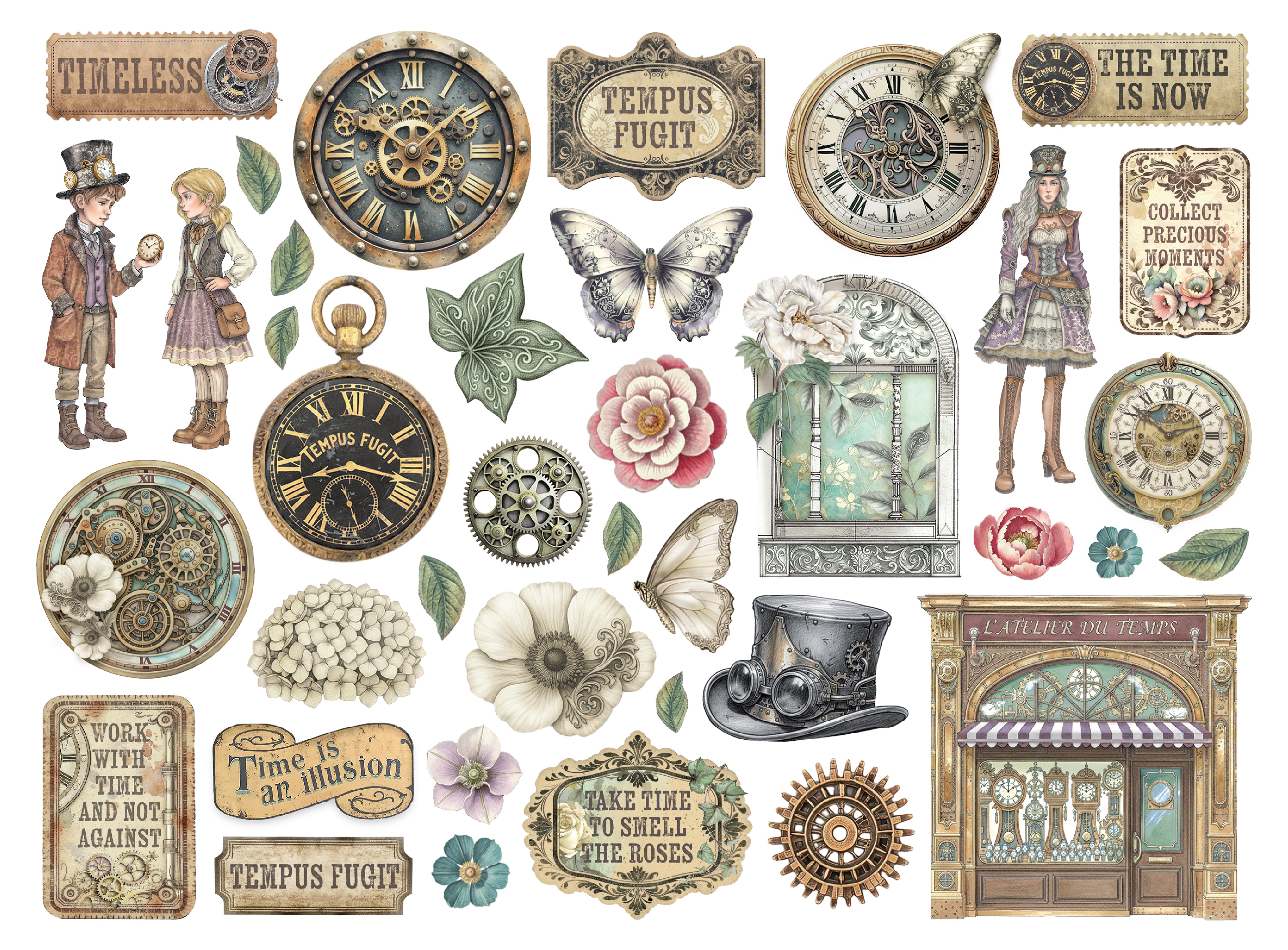 Collection of vintage-themed illustrations including clocks, flowers, and architectural elements.