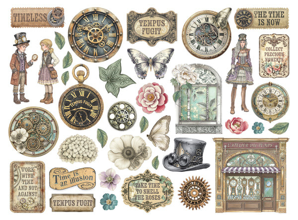 Collection of vintage-themed illustrations including clocks, flowers, and architectural elements.