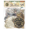 Packaging of Stamperia die cuts with steampunk design elements including a clock and gears.