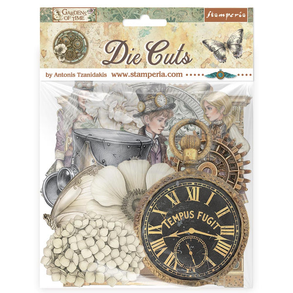 Packaging of Stamperia die cuts with steampunk design elements including a clock and gears.