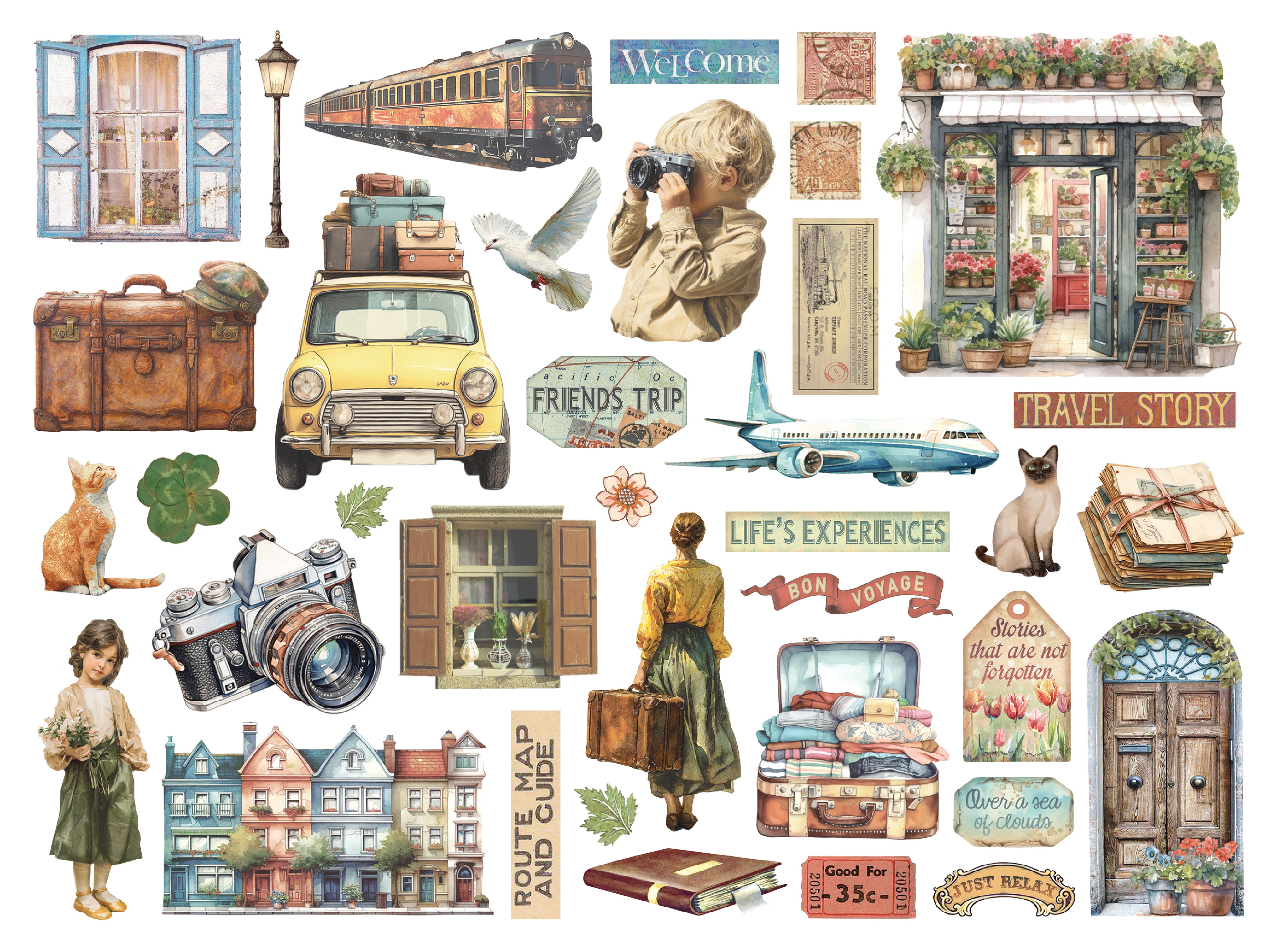 Collection of travel-themed illustrations including a suitcase, camera, train, and people with luggage on a white background.