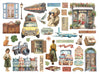 Collection of travel-themed illustrations including a suitcase, camera, train, and people with luggage on a white background.