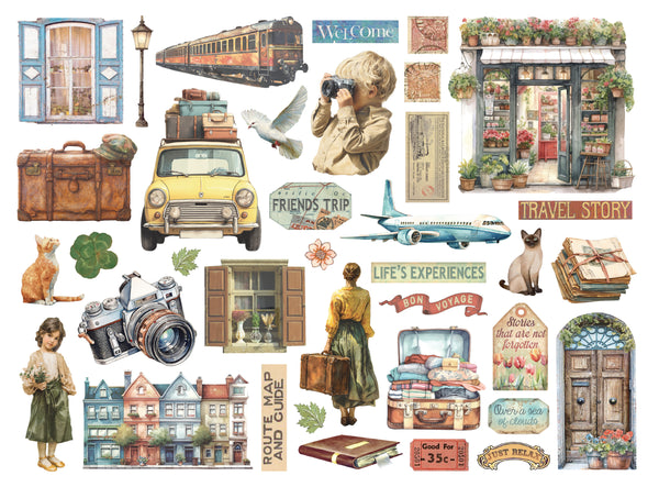 Collection of travel-themed illustrations including a suitcase, camera, train, and people with luggage on a white background.