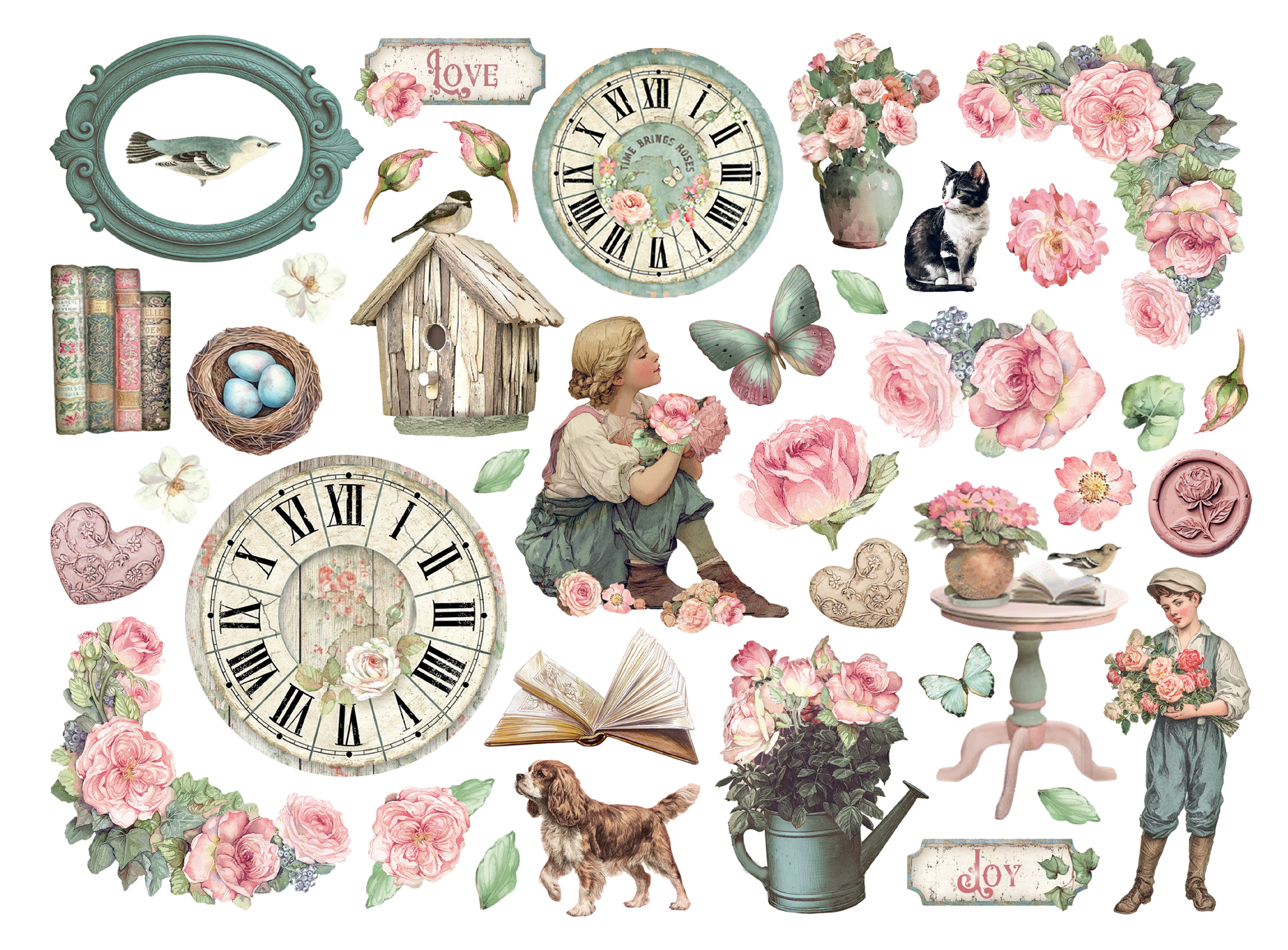 Vintage-style illustrations with clocks, flowers, children, and animals on a white background