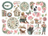 Vintage-style illustrations with clocks, flowers, children, and animals on a white background