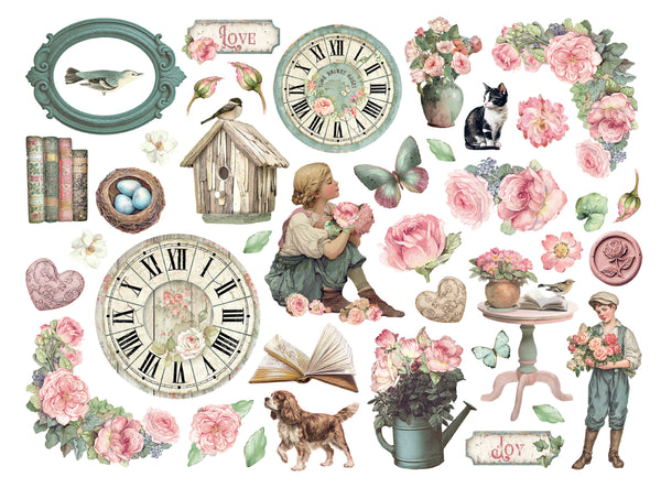 Vintage-style illustrations with clocks, flowers, children, and animals on a white background
