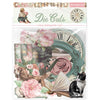 Package of Stamperia die cuts with vintage clock, flowers, and animals on a white background.