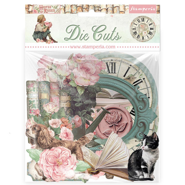 Package of Stamperia die cuts with vintage clock, flowers, and animals on a white background.