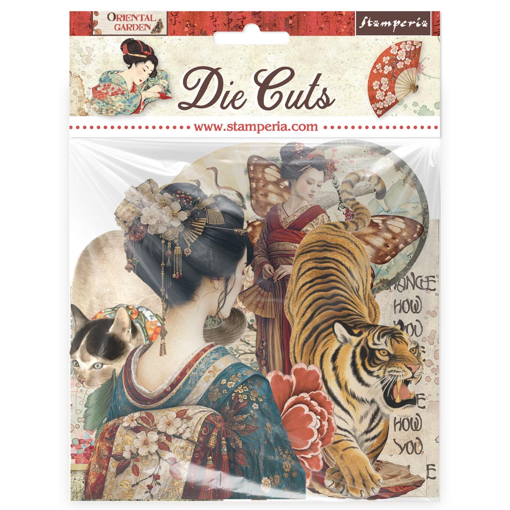 Packaging of Stamperia die cuts with oriental garden theme featuring a woman, tiger, and cat.